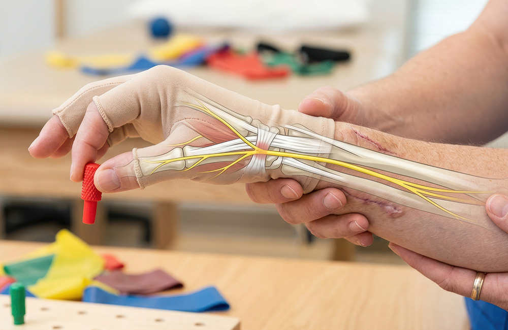 Anatomische Darstellung von Nerven bei der Handrehabilitation