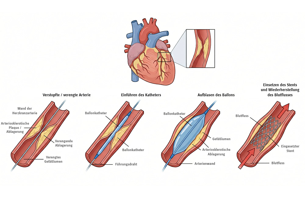 Grafik zur Stent-Implantation bei verengten Herzkranzgefäßen