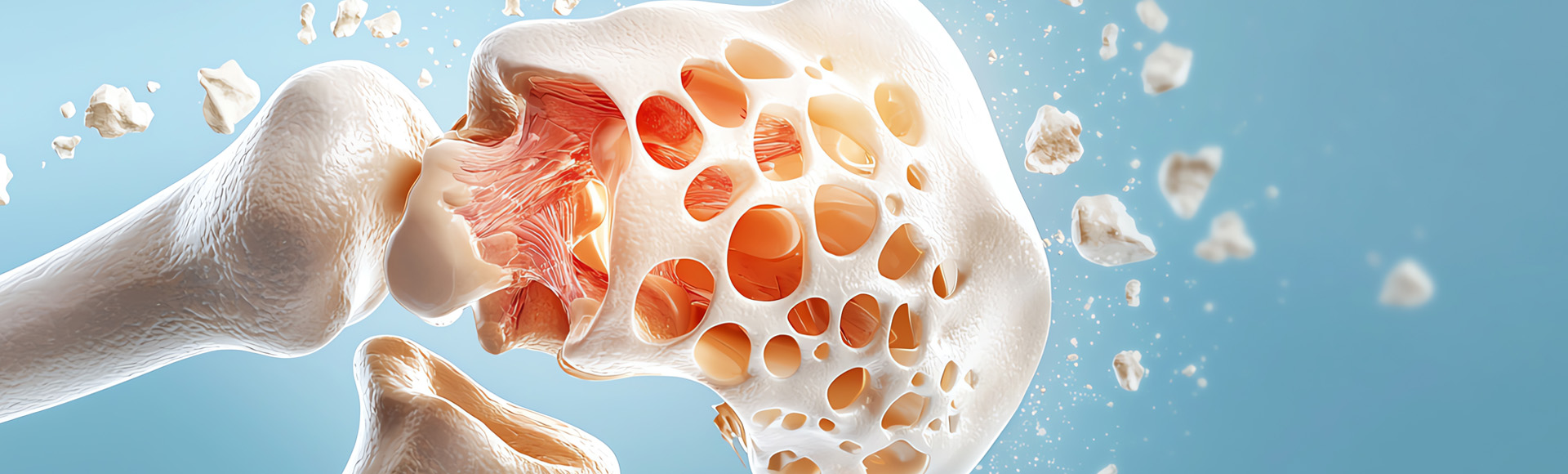 Grafik eines porösen Knochens bei Osteoporose mit herausbrechenden Knochenteilen