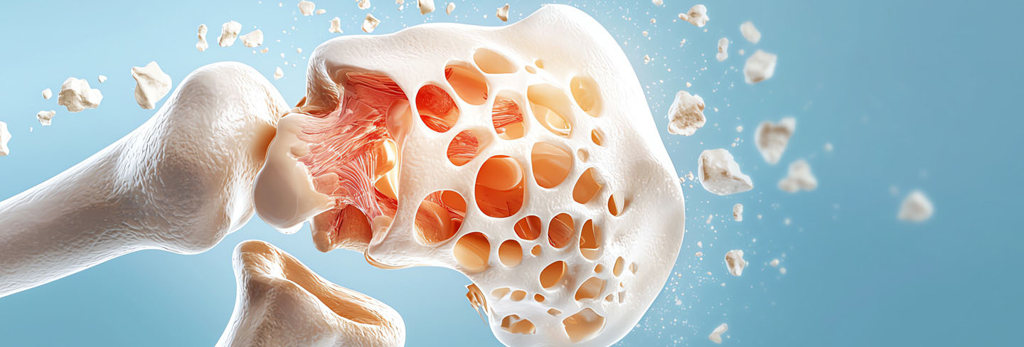 Illustration eines porösen, brüchigen Knochens bei Osteoporose mit herausbrechenden Knochenteilen. Diagnose von Osteoporose erfolgt durch Knochendichtemessung zur Früherkennung von Frakturrisiken.