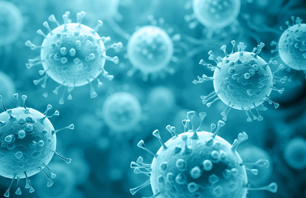 Grafische Darstellung des Coronavirus SARS-CoV-2 als Ursache von Post-COVID