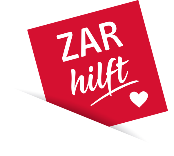 Logo „ZAR hilft“ auf rotem Hintergrund mit Herzsymbol