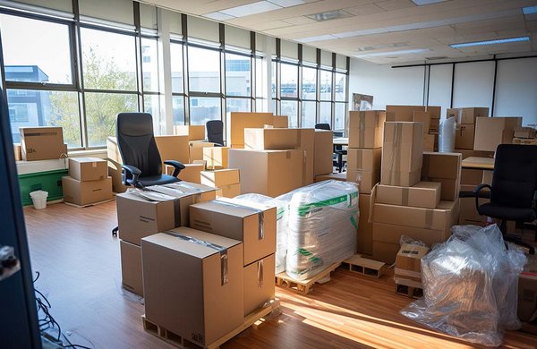 Umzugs- und Lagerkisten in leerem Büro als Zeichen des Wandels