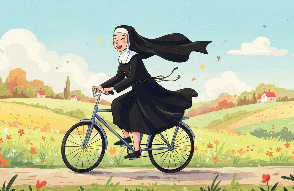 Ordensschwester fährt lächelnd Fahrrad durch idyllische Landschaft