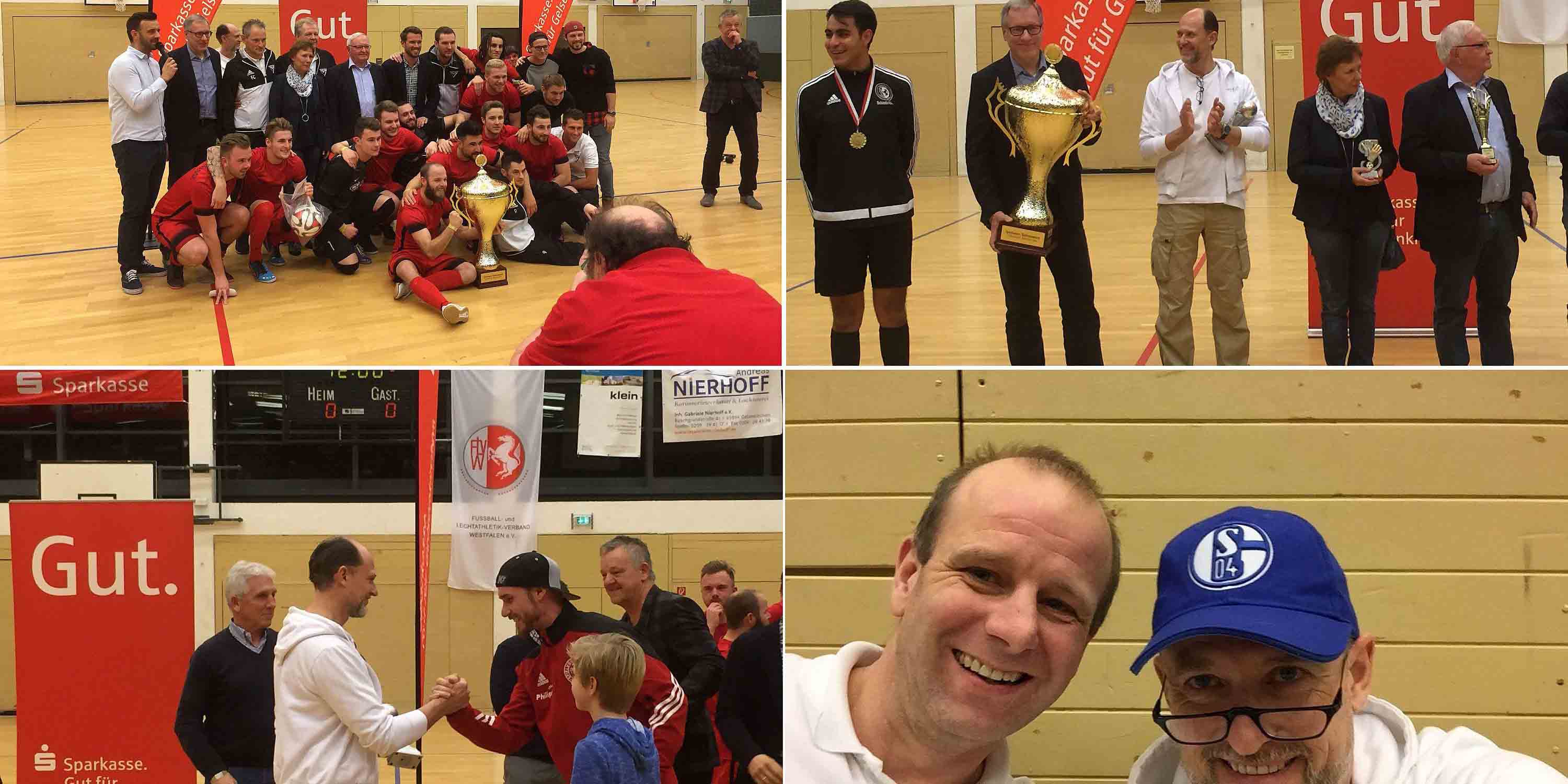 Eine Collage von Bildern eines Hallenturniers mit einer Fußballmannschaft, Pokalen, Händeschütteln und Teilnehmern in einem Sparkasse-Saal.