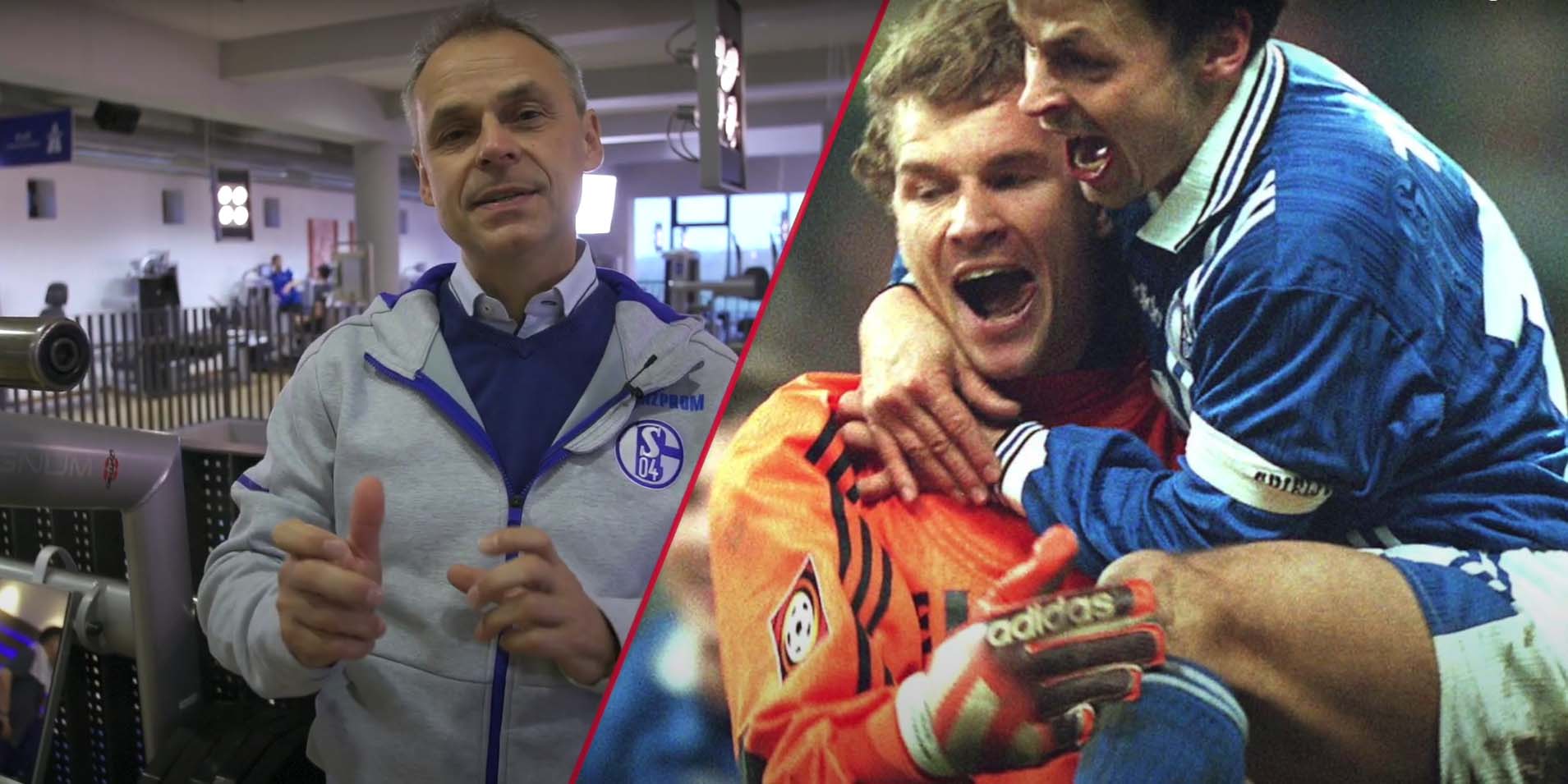 Olaf Thon im Fitnessraum – daneben historisches Jubelfoto von Schalke-Spielern