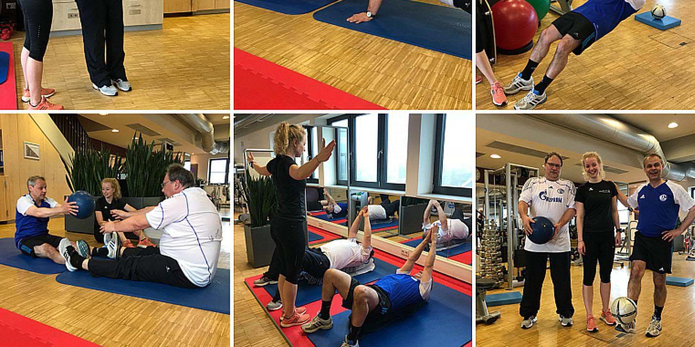 Eine Collage mit Szenen eines Trainingsprogramms, darunter Übungen mit Medizinbällen, Dehnungen und Gruppenaktivitäten in einem Fitnessstudio.