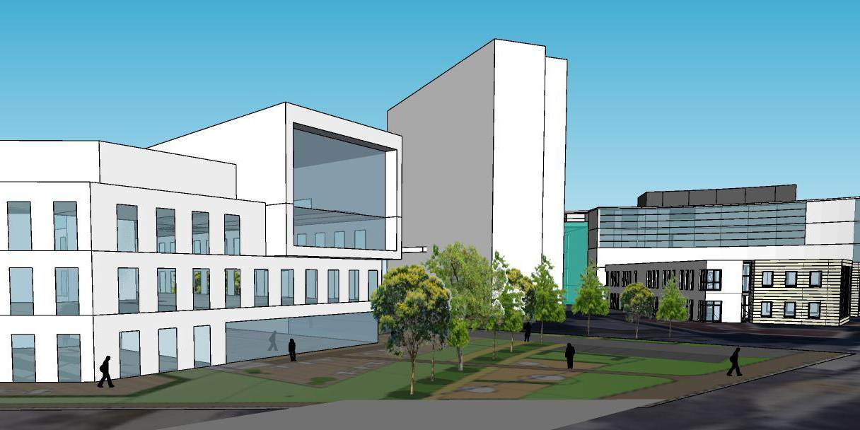 3D-Modell eines modernen Gebäudekomplexes mit viel Glas und Grünflächen.