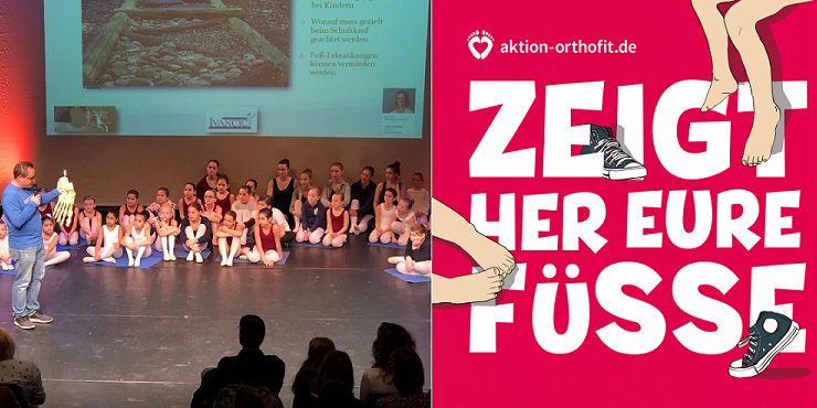 Tanzaufführung mit einer Gruppe von Kindern, kombiniert mit einer Kampagnen-Grafik: 'Zeigt her eure Füße.